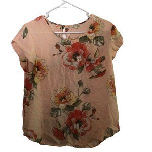 LILLY WHITE PEACH FLORAL SHORT SLEEVED BLOUSE SIZE LARGE